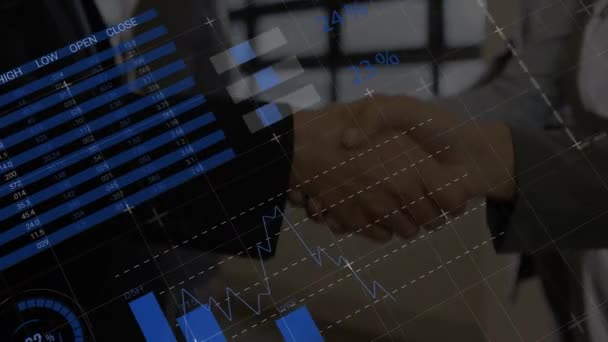 Animação Estatísticas Processamento Dados Sobre Aperto Mão Empresário Negócio Global — Vídeo de Stock