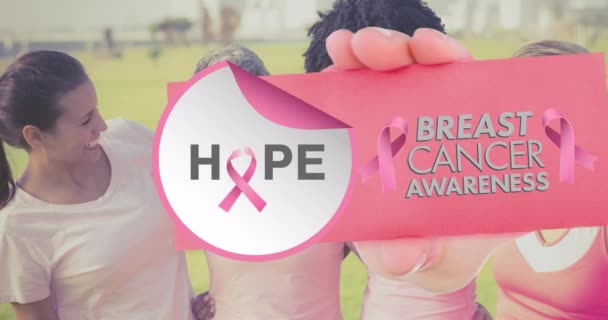 Animation Pink Ribbon Logo Breast Cancer Text Diverse Group Women — Stock Video