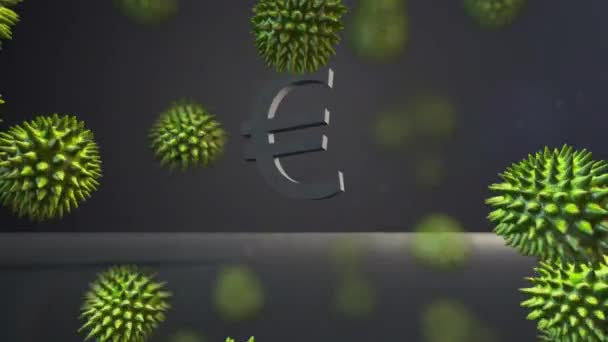 Multiple Covid Cells Euro Currency Symbol Falling Breaking Grey Background — Stock Video