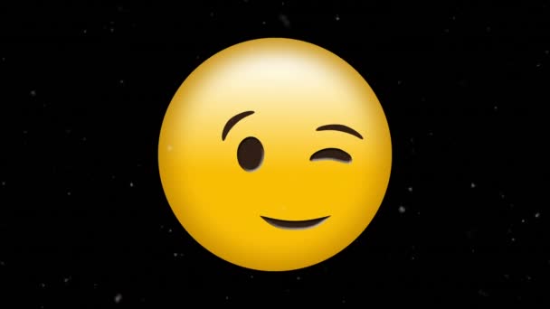 Digital Animation White Particles Floating Winking Face Emoji Black Background — Stock Video