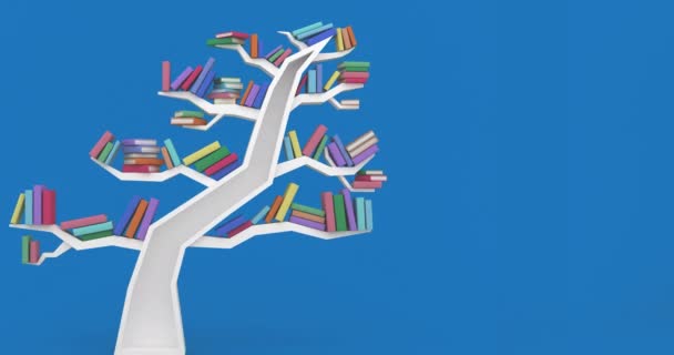 在蓝色背景上以人头和树的形状对书架进行动画 教育及学习概念数码录影 — 图库视频影像