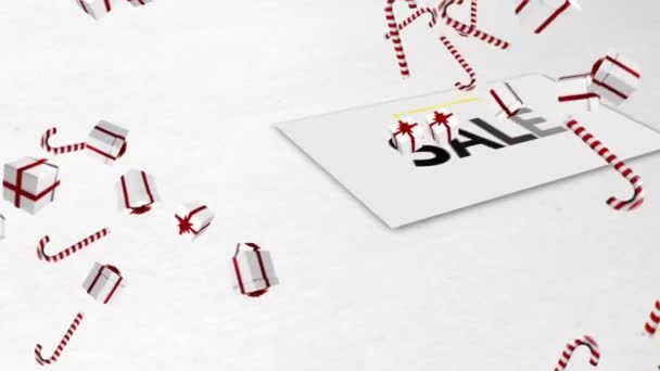 用圣诞糖果手杖和礼物来动画销售文本 圣诞节购物 数字接口 连接和通信概念数字生成的视频 — 图库视频影像