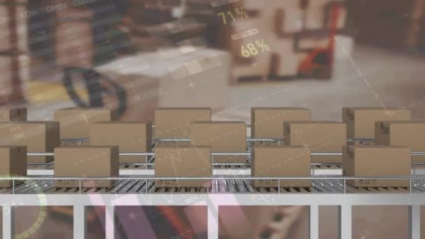 Animación Estadísticas Procesamiento Datos Sobre Cajas Cartón Cintas Transportadoras — Vídeos de Stock