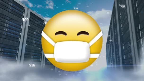 Face Wearing Mask Emoji Multiple Computer Servers Clouds Sky Cloud — Stock Video