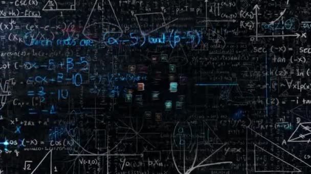 Animering Nätverk Anslutningar Och Matematiska Ekvationer Över Svart Bakgrund Globala — Stockvideo