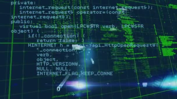 青い背景にグリッドネットワーク上のデータ処理のデジタルアニメーション コンピュータ インターフェースとテクノロジーの概念 — ストック動画