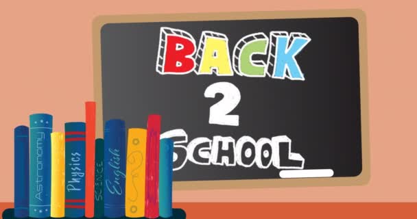 バックのアニメーションは オレンジの背景に黒板や学校アイテムのアイコン上の学校のテキストに 学校教育と研究の概念をデジタルで生成し — ストック動画