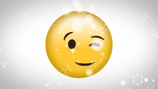 Animasi Digital Struktur Molekul Mengambang Melawan Emoji Wajah Mengedipkan Mata — Stok Video