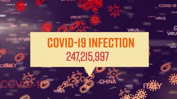 Animation Covid Infection Text Rising Number Virus Cells Dark Brown — Stock Video