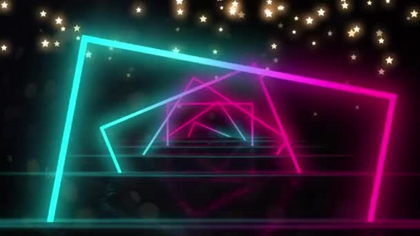 Animation Neon Shapes Black Background Gold Stars Video Game Entertainment — Vídeo de stock