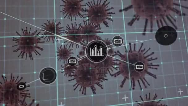 白い背景にCovid細胞上の接続のネットワークのアニメーション 世界的なコロナウイルスのパンデミックの概念はデジタルで生成され — ストック動画