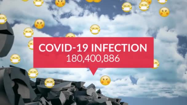 Covid Infektionstext Mit Steigenden Zahlen Und Gesicht Emojis Gegen Gebrochenes — Stockvideo