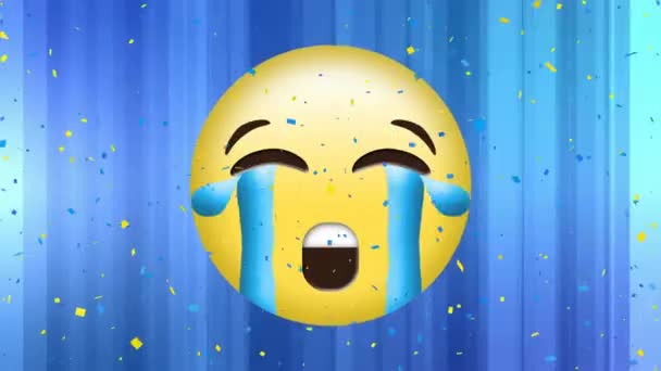 Animatie Van Droevig Emoji Icoon Vallende Confetti Blauwe Achtergrond Mondiaal — Stockvideo