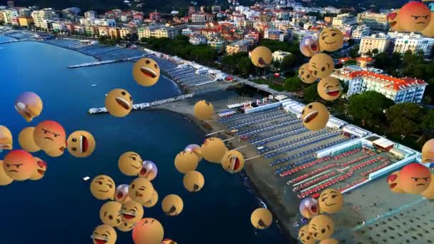 Digital Composition Multiple Face Emojis Floating Aerial View Cityscape Social — Stock Video