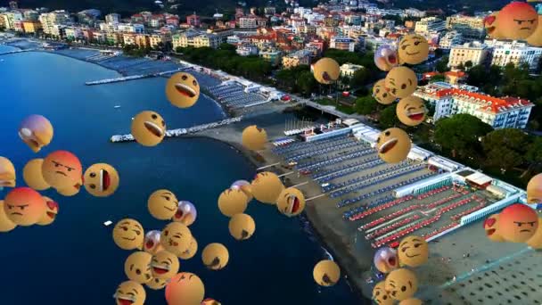 Composição Digital Múltiplos Emojis Faciais Flutuando Contra Visão Aérea Paisagem — Vídeo de Stock