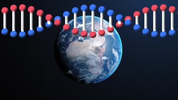 Mavi Arka Planda Dünya Karşı Dönen Dna Yapısı Küresel Oluşturma — Stok video