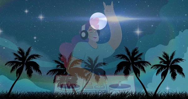 Composición Tocando Sobre Palmeras Luna Sobre Fondo Tropical Verano Música —  Fotos de Stock