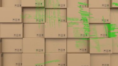 Karton kutular üzerinde veri işleme animasyonu. küresel sevkiyat, dağıtım, iş, veri işleme ve dijital arayüz kavramı dijital olarak oluşturulmuş vide
