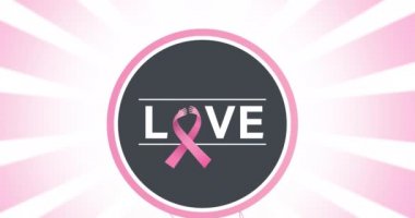 Pembe kurdele logosu üzerinde uçan pembe balon animasyonu ve aşk metni. Göğüs kanseri pozitif farkındalık kampanyası konsepti dijital olarak üretildi.