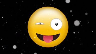 Siyah arkaplanda düşen beyaz noktalar üzerine gülümseyen emoji simgesi animasyonu. küresel sosyal medya ve iletişim konsepti dijital olarak oluşturulmuş video.