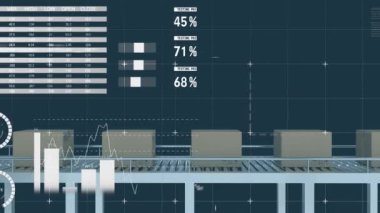 İstatistiksel veri işleme, mavi arkaplana karşı taşıyıcı banttaki birden fazla kutu ile karşılaştırılıyor. lojistik ve ulaşım sektörü kavramı