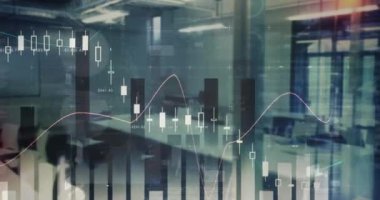 Boş ofis üzerinden finansal veri işleme animasyonu. küresel iş, bağlantılar, dijital arayüz ve teknoloji konsepti dijital olarak oluşturulmuş video.