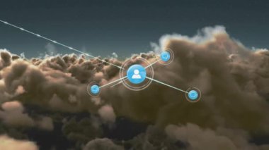 Bulutlar ve gökyüzü üzerindeki bağlantı ağlarının animasyonu. küresel sosyal medya, bağlantılar, iletişim ve teknoloji konsepti dijital olarak oluşturulmuş video.