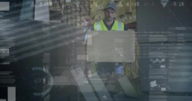 Teslimatçı ve minibüsle ilgili istatistik ve finansal veri işleme animasyonları. küresel gönderim, dağıtım, iş, veri işleme ve teknoloji konsepti dijital olarak oluşturulmuş video.