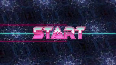 Neon çizgileri üzerinde pembe metalik harflerle başlayan metnin animasyonu. Video oyunu, eğlence ve dijital arayüz kavramı dijital olarak oluşturuldu.