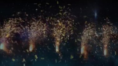 Animation of rows of fireworks exploding and confetti falling. party and celebration concept digitally generated video.