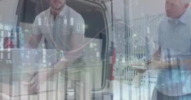 Teslimatçı ve minibüsle ilgili istatistik ve finansal veri işleme animasyonları. küresel gönderim, dağıtım, iş, veri işleme ve teknoloji konsepti dijital olarak oluşturulmuş video.