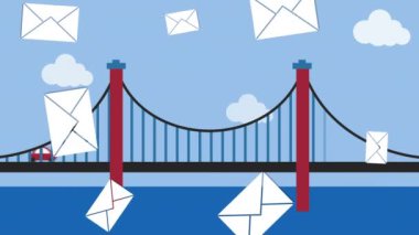 Trafik köprüsünden düşen e-posta zarfı simgelerinin canlandırması. küresel iletişim, sosyal ağ ve dijital arayüz kavramı dijital olarak oluşturulmuş video.