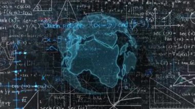 Siyah arkaplan üzerinde küresel ve matematiksel denklemlerin animasyonu. küresel bağlantılar, dijital arayüz ve teknoloji konsepti dijital olarak oluşturulmuş video.
