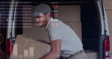 Teslimatçı ve minibüsle ilgili istatistik ve finansal veri işleme animasyonları. küresel gönderim, dağıtım, iş, veri işleme ve teknoloji konsepti dijital olarak oluşturulmuş video.