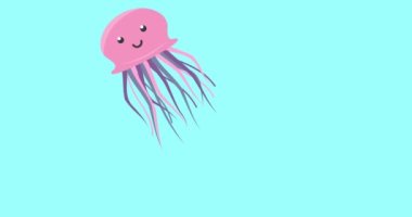 Mavi arka planda fotokopi alanı olan pembe denizanasının animasyonu. Doğa, tropikal balık, yaz ve tatil konsepti dijital olarak üretilen video.