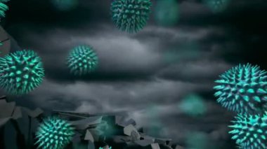 Kırık para sembolüne karşı şemsiye tutan iş kadını üzerinde yüzen çoklu çoklu çoklu çoklu kovan-19 hücreleri. covid-19 salgını nedeniyle küresel ekonomik durgunluk