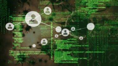 Siyah zemin üzerinde çoklu covid-19 hücrelerine karşı profil simgeleri ve veri işleme ağı. Coronavirus covid-19 salgın konsepti