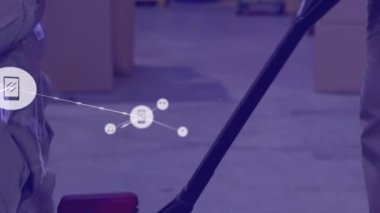 Depoda çalışan adam üzerindeki simgelerle bağlantı ağının canlandırılması. 