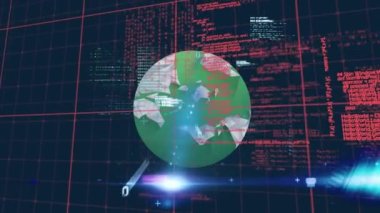 Mavi zemin üzerindeki dünya ile şebeke üzerinden veri işlemenin dijital animasyonu. küresel ağ ve bilgisayar arayüzü teknolojisi kavramı