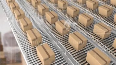 Depo karşısındaki taşıma bandındaki posta kutularına karşı veri işleme ile dijital arayüz. lojistik ve ulaşım sektörü kavramı