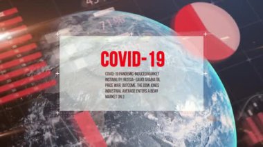Covid-19 metin afişi ve mavi arka plandaki dünya ile istatistiksel veri işleme. Coronavirus covid-19 salgın konsepti