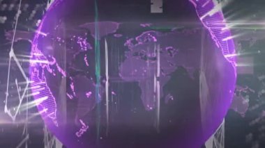 Siyah arka planda dünya haritasında küre ve numaraların animasyonu. küresel bağlantılar, dijital arayüz ve teknoloji konsepti dijital olarak oluşturulmuş video.