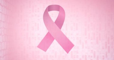 Pembe arka planda görünen pembe kurdele logosu animasyonu. Göğüs kanseri pozitif farkındalık kampanyası konsepti dijital olarak üretildi.