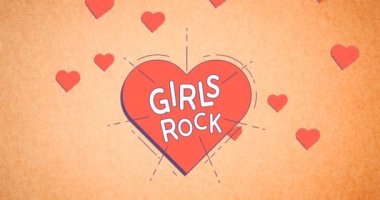 Uçan kalpler üzerinde taş kalpli bir kızın animasyonu. Kız gücü, pozitif kadın gücü ve dijital olarak oluşturulan bağımsızlık kavramı.