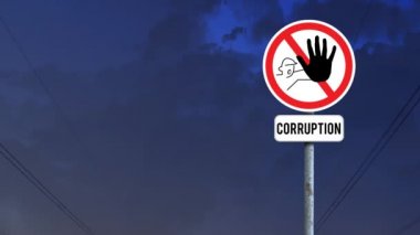 Gökyüzündeki kara bulutlara karşı yolsuzluğu durduran bir işaret levhası. uyarı ve uyarı kavramı