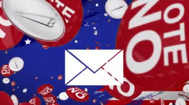 Yüzen kırmızı rozetlilere mavi arka planda açık zarflı metin oylaması hayır. İletişim, vatanseverlik, seçimler ve dijital olarak üretilen sosyal ağ konsepti.