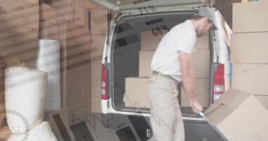 Teslimat kamyonunda kutu istiflemekte olan Kafkas kurye hakkında istatistiksel veri işleme. lojistik ve ulaşım sektörü kavramı