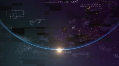 Matematiksel denklemler ve kimyasal yapılar mavi zemin üzerinde yüzüyor. Coronavirus covid-19 salgın konsepti