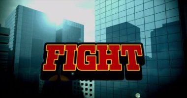 Dijital şehir manzarası üzerinde dövüş metninin animasyonu. Video oyunu, eğlence ve dijital arayüz kavramı dijital olarak oluşturuldu.