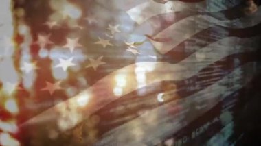 Amerikan bayrağı ve ormanı üzerinde veri işleme animasyonu. Vatanseverlik, kutlama, Amerikan geleneği ve doğanın dijital video konsepti.